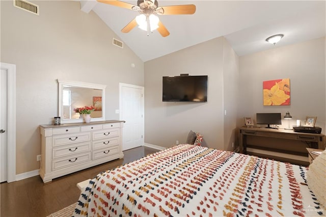 506 Orchard Ct, Weslaco, TX 78596 - bedroom featuring dark wood-style floors, baseboards, high vaulted ceiling, and ceiling fan