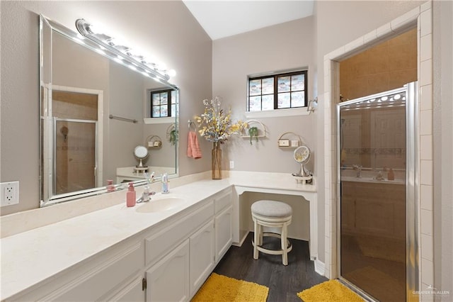 bathroom with wood-type flooring, vanity, and a shower with shower door