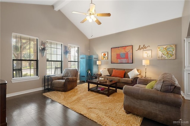 living room with ceiling fan, beamed ceiling, dark hardwood / wood-style floors, and high vaulted ceiling