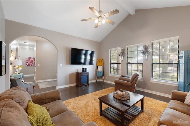 living room featuring beamed ceiling, dark hardwood / wood-style floors, ceiling fan, and high vaulted ceiling