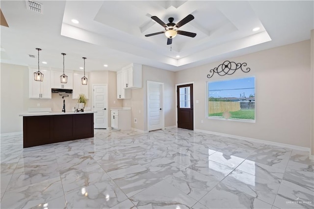 727 N Milam St, San Benito, TX 78586 - kitchen featuring open floor plan, a tray ceiling, recessed lighting, light countertops, and ceiling fan