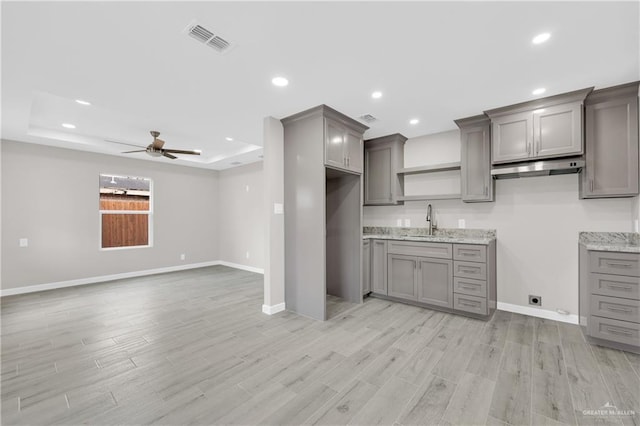 kitchen featuring light wood finished floors, visible vents, a tray ceiling, gray cabinetry, and a sink