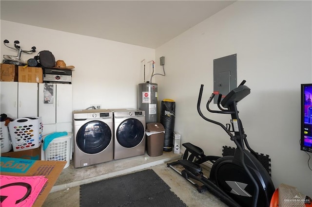 washroom with electric water heater, washing machine and clothes dryer, and electric panel