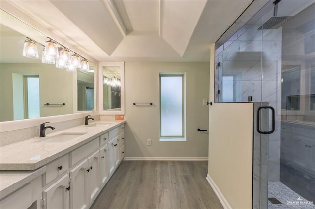 bathroom featuring wood-type flooring, vanity, a raised ceiling, and a shower with shower door