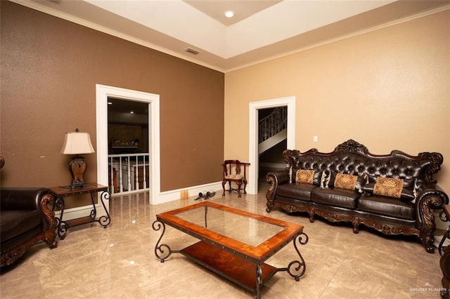 living room with crown molding