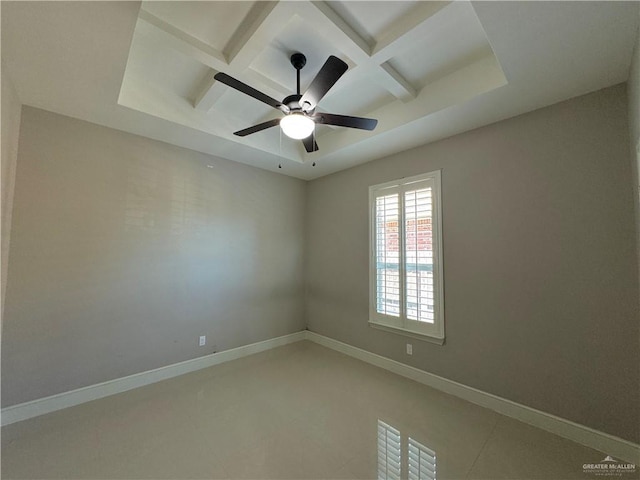 unfurnished room featuring ceiling fan, beamed ceiling, and coffered ceiling