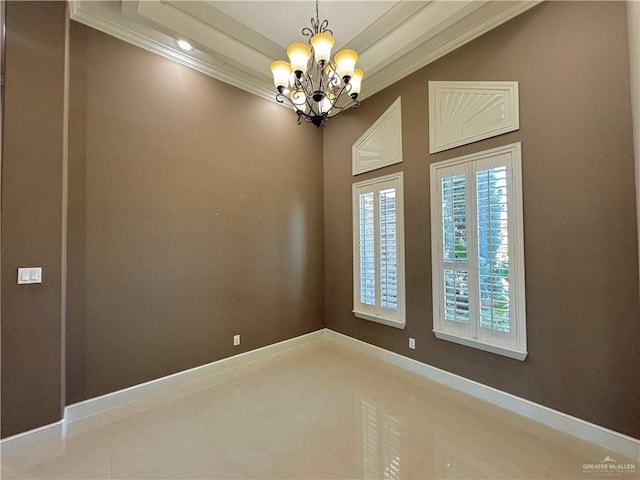 tiled empty room featuring ornamental molding and a chandelier