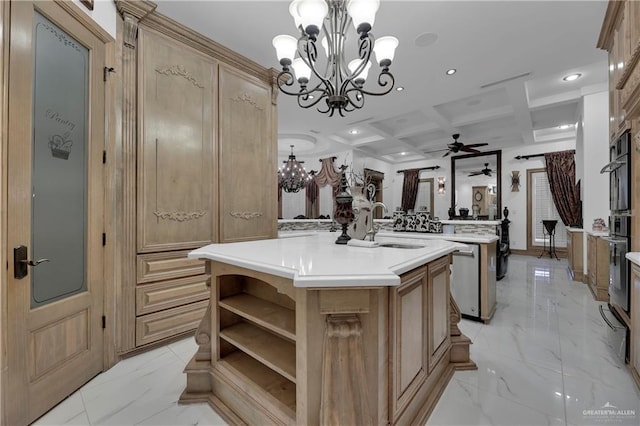 kitchen featuring coffered ceiling, a kitchen island with sink, sink, pendant lighting, and beamed ceiling