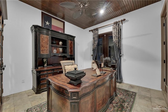 office area with ceiling fan and wooden ceiling