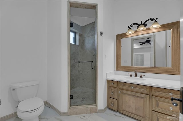 bathroom featuring ceiling fan, toilet, walk in shower, and vanity