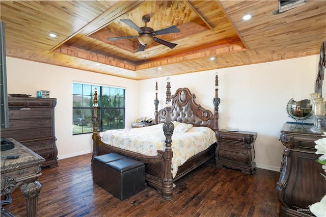 bedroom with dark hardwood / wood-style flooring, a raised ceiling, ceiling fan, and wood ceiling