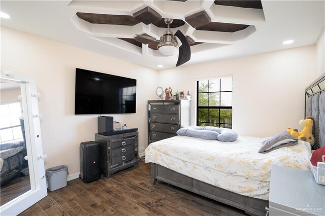 bedroom featuring ceiling fan and dark hardwood / wood-style flooring