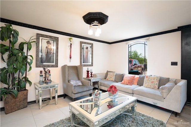 tiled living room featuring ornamental molding