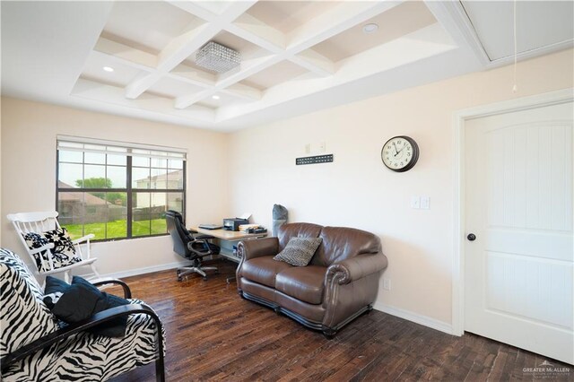 living room with beam ceiling, dark wood-type flooring, and coffered ceiling