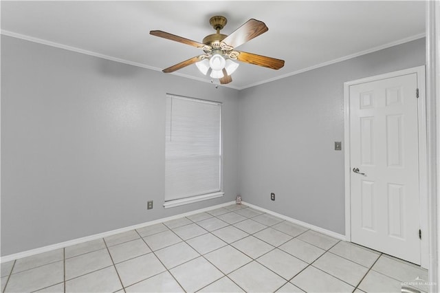 unfurnished room featuring ceiling fan, light tile patterned floors, and ornamental molding