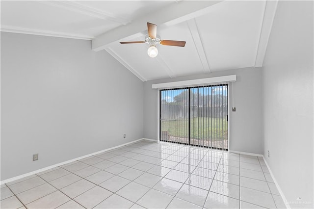 tiled empty room featuring lofted ceiling with beams and ceiling fan