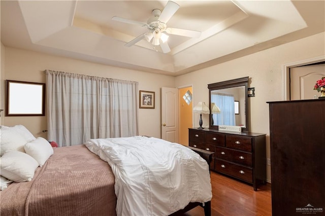 bedroom featuring a raised ceiling, ceiling fan, and wood-type flooring