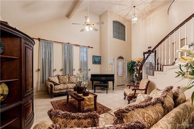 tiled living room featuring beam ceiling, high vaulted ceiling, and ceiling fan