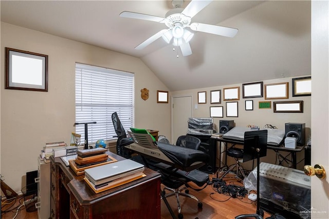 office featuring ceiling fan, lofted ceiling, and hardwood / wood-style flooring