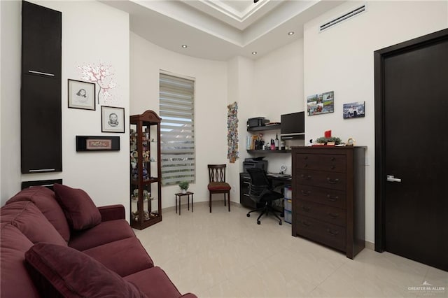home office featuring recessed lighting, visible vents, and a high ceiling