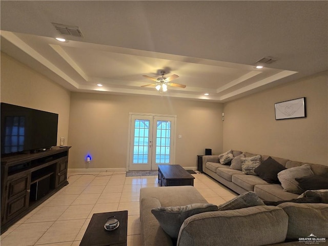 407 E Esperanza Ave, Mission, TX 78574 - living room with a raised ceiling, light tile patterned flooring, a ceiling fan, recessed lighting, and french doors