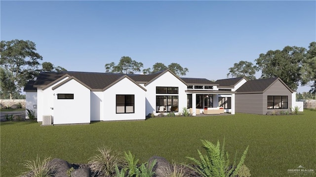 rear view of property with central AC, a yard, an outdoor hangout area, and a patio