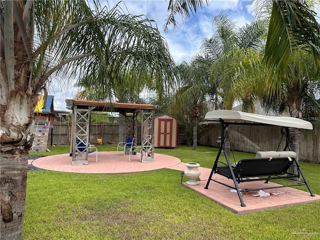 view of yard with a patio and a shed