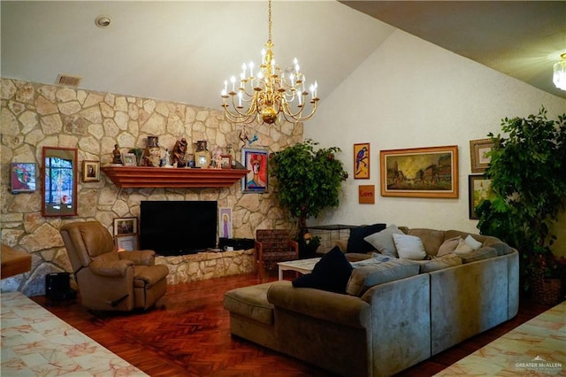 living area with a chandelier, high vaulted ceiling, and parquet flooring