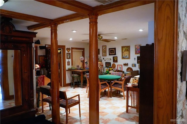 dining space featuring decorative columns, light flooring, ceiling fan, and recessed lighting