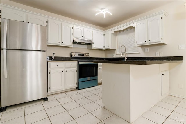 kitchen with stainless steel appliances, light tile patterned flooring, white cabinets, and kitchen peninsula