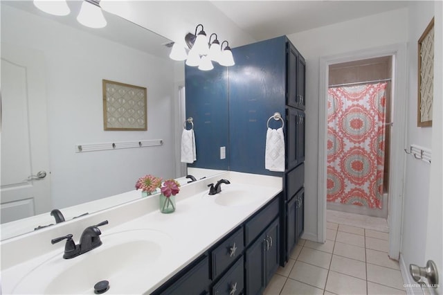 bathroom with tile patterned floors, vanity, and shower / bath combination with curtain