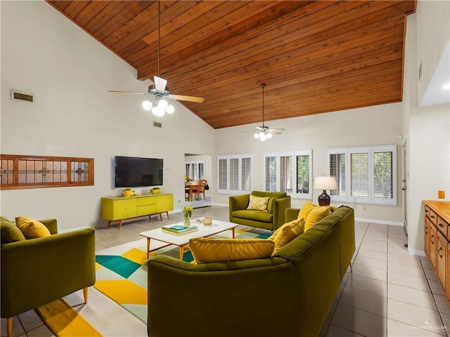 living room featuring high vaulted ceiling, ceiling fan, light tile patterned flooring, and wooden ceiling