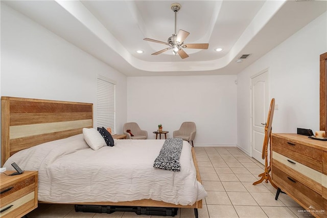607 Via Cantera Dr, San Juan, TX 78589 - bedroom with a raised ceiling, light tile patterned floors, recessed lighting, and ceiling fan