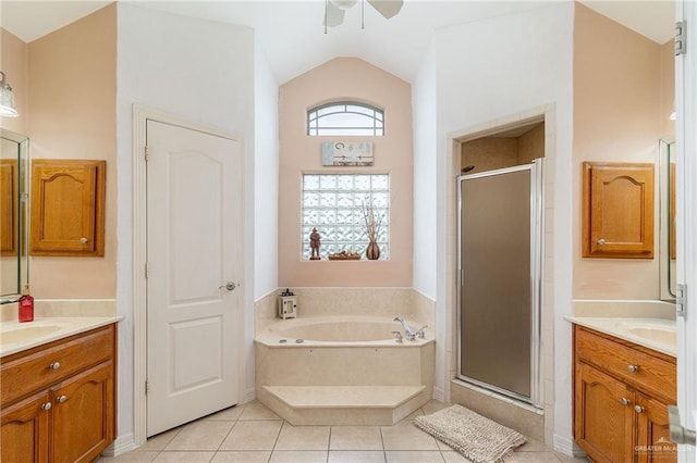 607 Via Cantera Dr, San Juan, TX 78589 - bathroom featuring vanity, a shower stall, lofted ceiling, a ceiling fan, and a garden tub