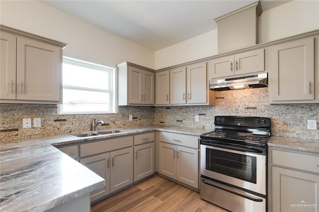 kitchen with decorative backsplash, stainless steel electric range oven, gray cabinetry, under cabinet range hood, and a sink