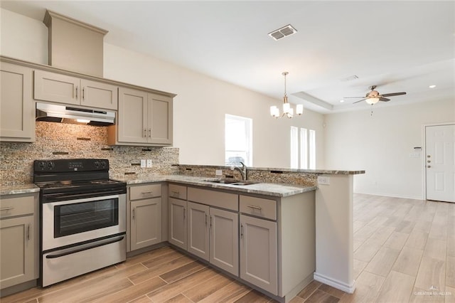 kitchen featuring gray cabinetry, under cabinet range hood, a peninsula, a sink, and stainless steel electric stove