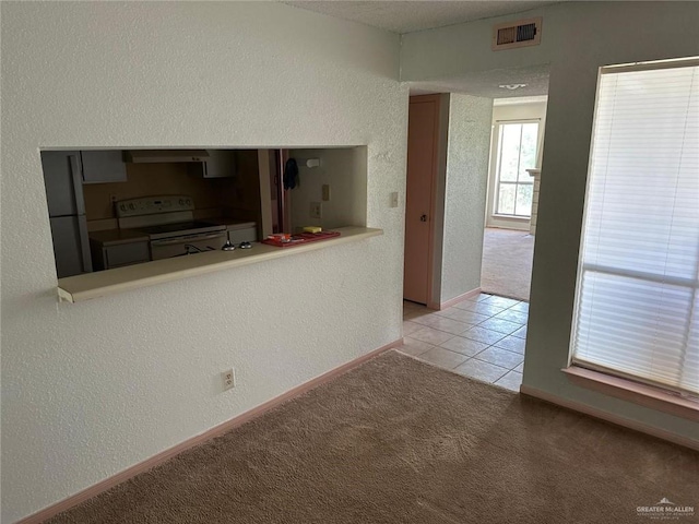 2901 Central Blvd Unit 807, Brownsville, TX 78520 - kitchen featuring electric range, under cabinet range hood, light carpet, light tile patterned flooring, and baseboards