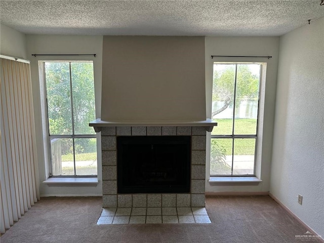 2901 Central Blvd Unit 807, Brownsville, TX 78520 - detailed view of carpet floors, a textured ceiling, a fireplace, and a textured wall