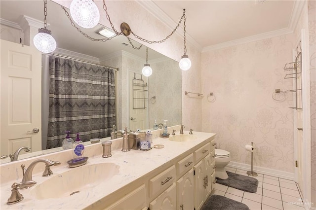 bathroom with walk in shower, ornamental molding, vanity, tile patterned flooring, and toilet