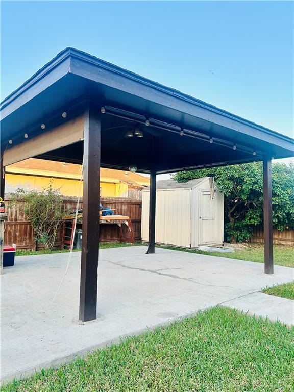 view of patio with a storage unit