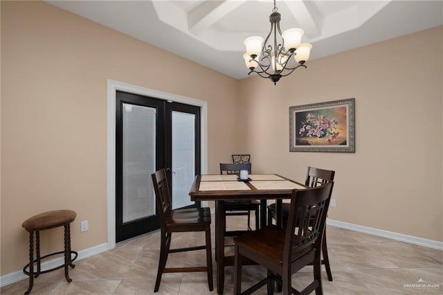 dining area featuring a notable chandelier, beamed ceiling, coffered ceiling, and baseboards