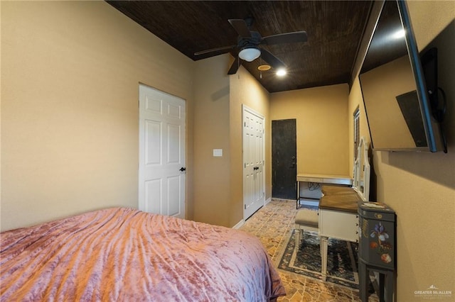 bedroom featuring wooden ceiling and a ceiling fan