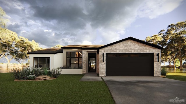 view of front facade with a garage and a front lawn