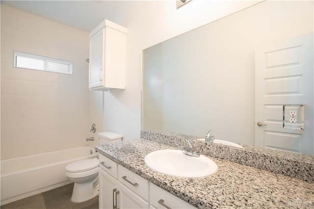 full bathroom featuring shower / bathing tub combination, vanity, toilet, and tile patterned flooring