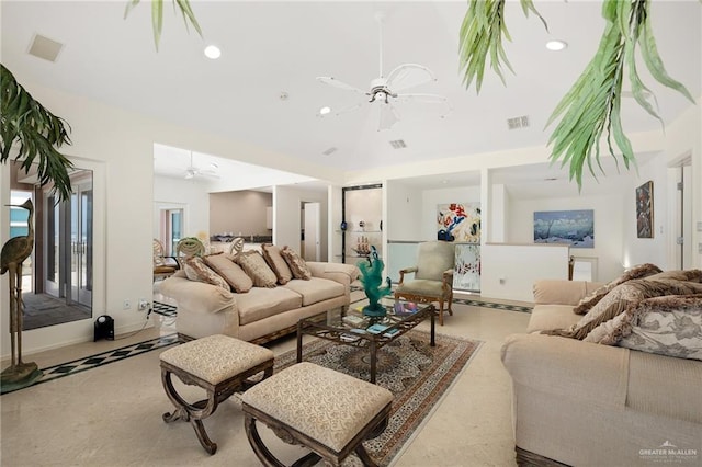 living room with ceiling fan