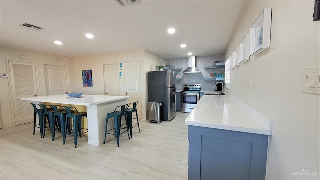 kitchen featuring wall chimney range hood, open shelves, appliances with stainless steel finishes, a sink, and visible vents