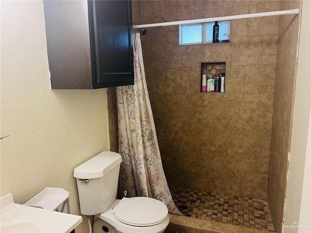 bathroom featuring vanity, toilet, and walk in shower