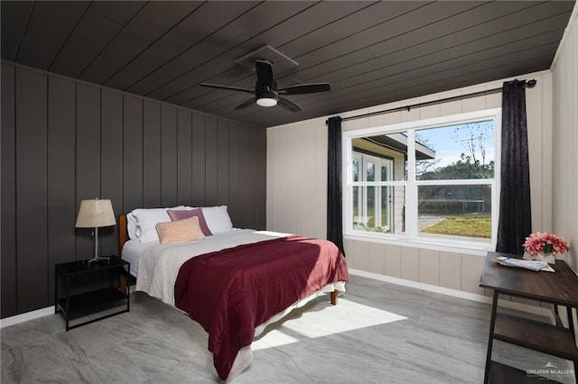 bedroom with wooden ceiling, ceiling fan, and light hardwood / wood-style flooring