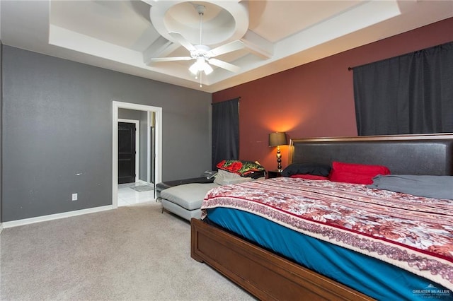 bedroom featuring baseboards, coffered ceiling, a ceiling fan, and light colored carpet