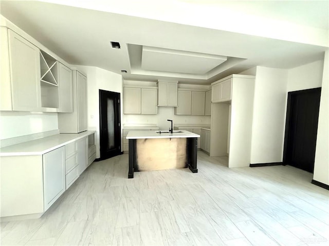 204 S 83rd St, Edinburg, TX 78542 - kitchen featuring a tray ceiling, a sink, an island with sink, and open shelves